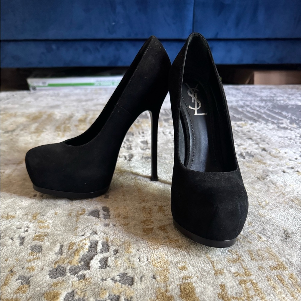 YSL Black Suede Tribute Platform Heels